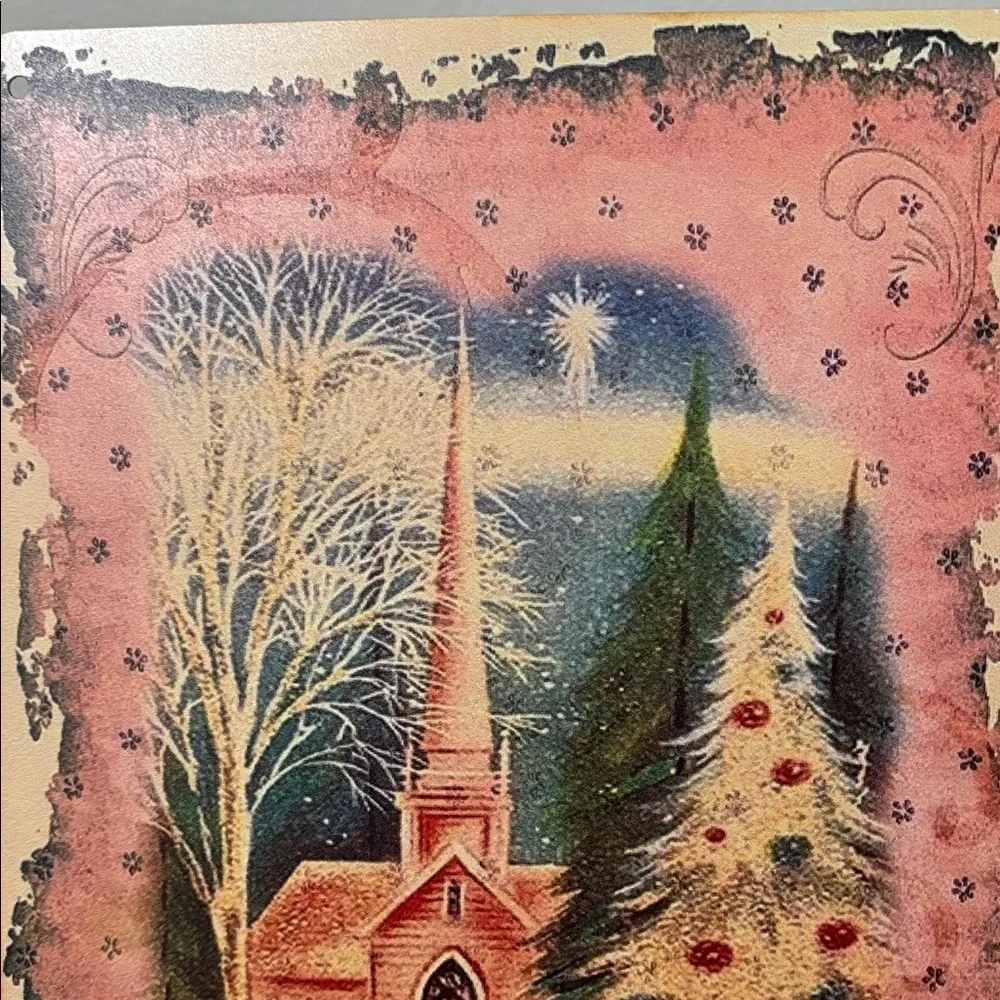 NEW Vintage Inspired Merry Christmas Tree Church Pink Metal Tin Sign 8 x 12